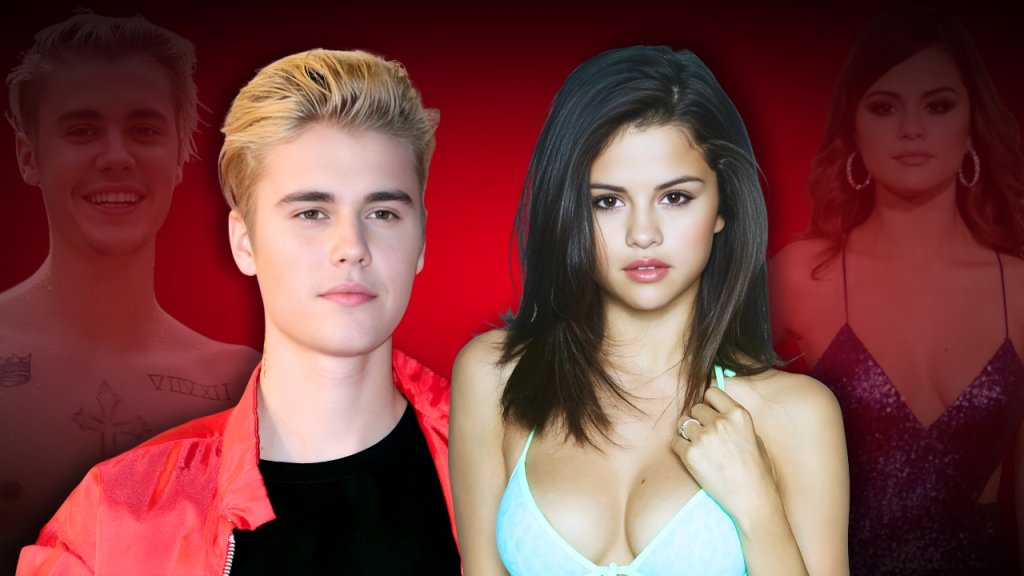 Selena Gomez and Justin Bieber Two stylish figures stand against a vibrant red background, showcasing trendy outfits and confident postures.