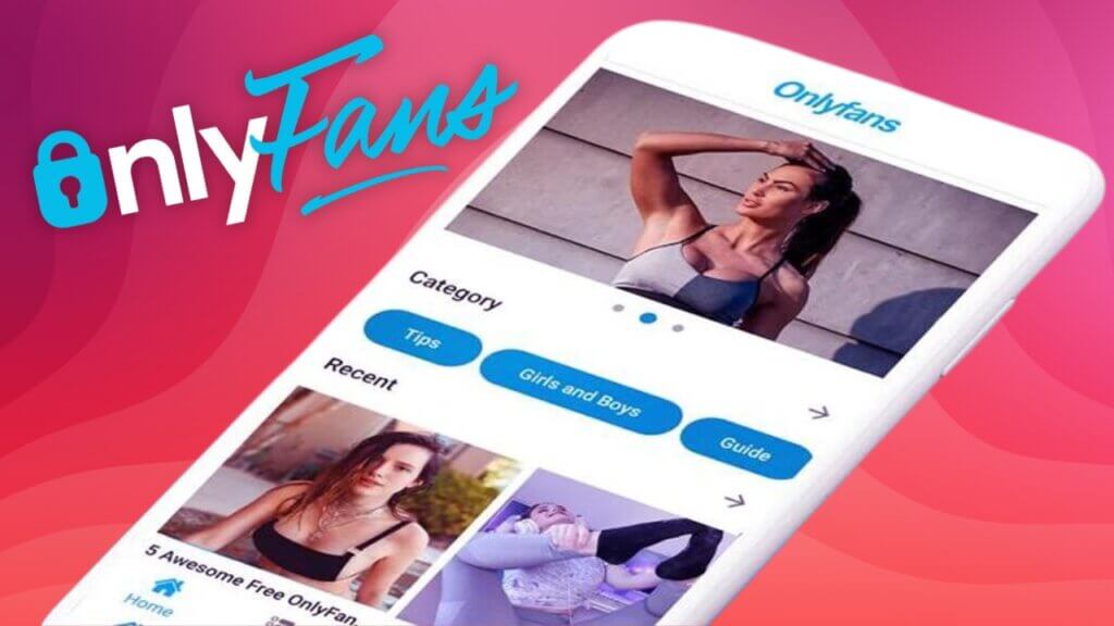A mobile screen displays the OnlyFans app, featuring categories like Tips, Girls and Boys, and recent content in vibrant colors.