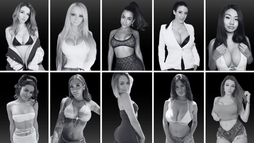 A collage of tenbest onlyfans models in various revealing outfits, showcasing diverse styles and poses against a dark background.