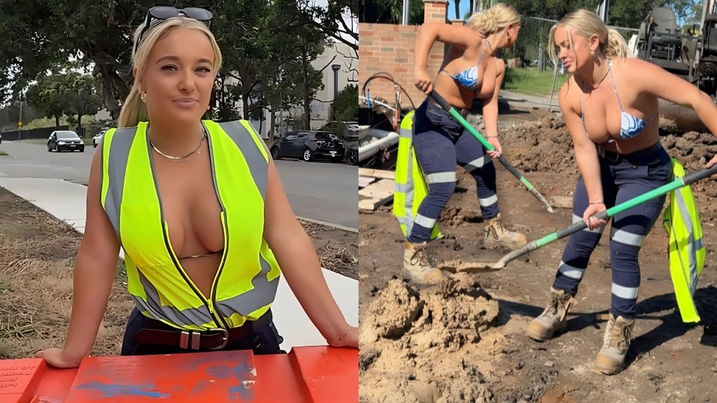 A female landscaper topless in Sydney, Shianne Fox poses in a reflective vest near a construction site as another woman digs with a shovel.