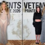 Braless Heidi Klum stuns in a sheer dress beside a model in gray at Vetements Printemps 2026.