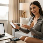 A woman sits on a couch, holding a smartphone and gesturing, with a laptop displaying an OnlyFans page nearby, exploring How to Gift an OnlyFans Subscription USA.