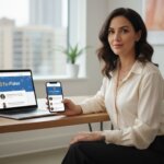 A woman in a white blouse sits at a desk, holding a phone, with a laptop displaying the FanFlakes website beside her and her search how to subscribe safely onlyfans USA.