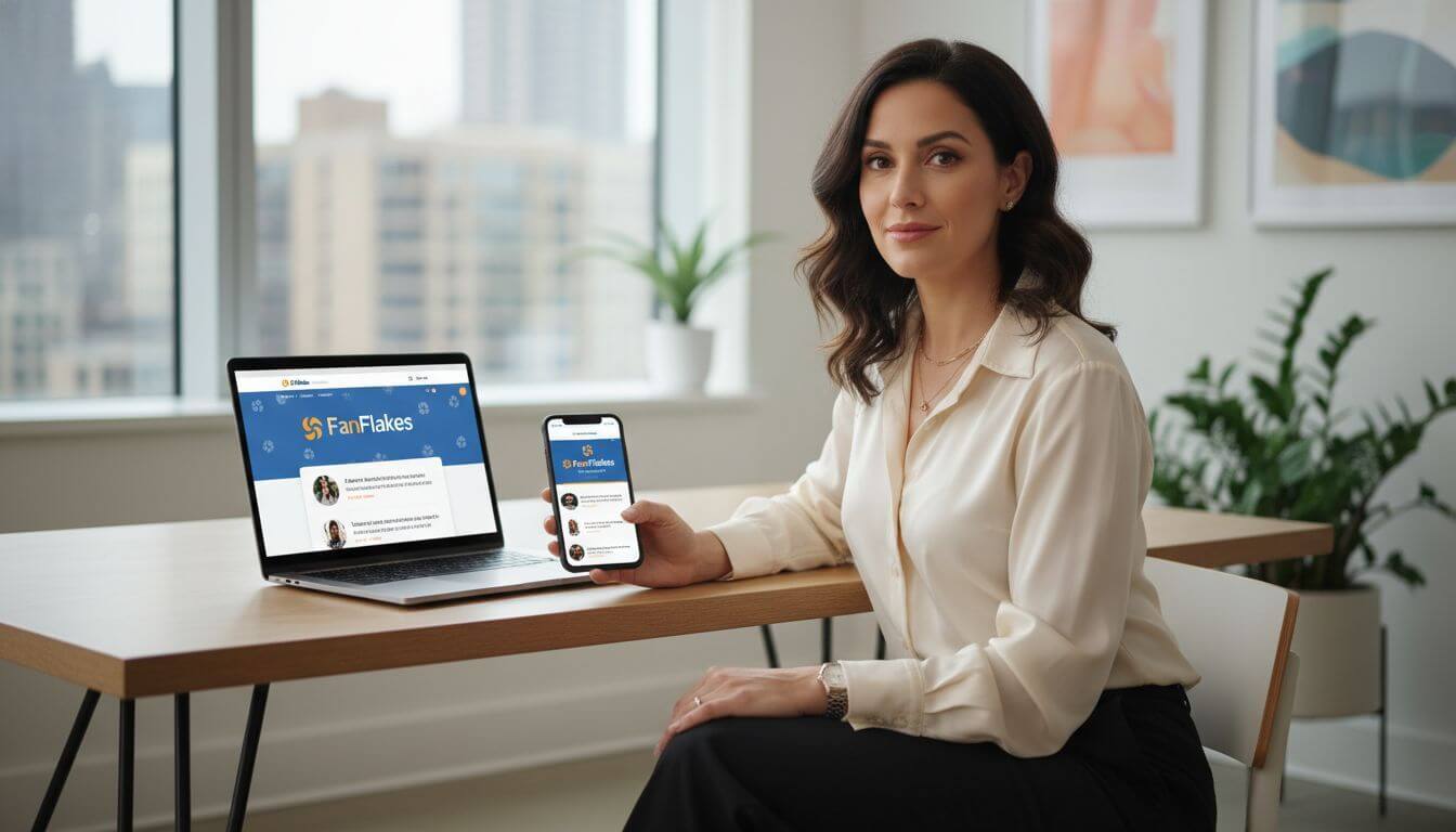 A woman in a white blouse sits at a desk, holding a phone, with a laptop displaying the FanFlakes website beside her and her search how to subscribe safely onlyfans USA.