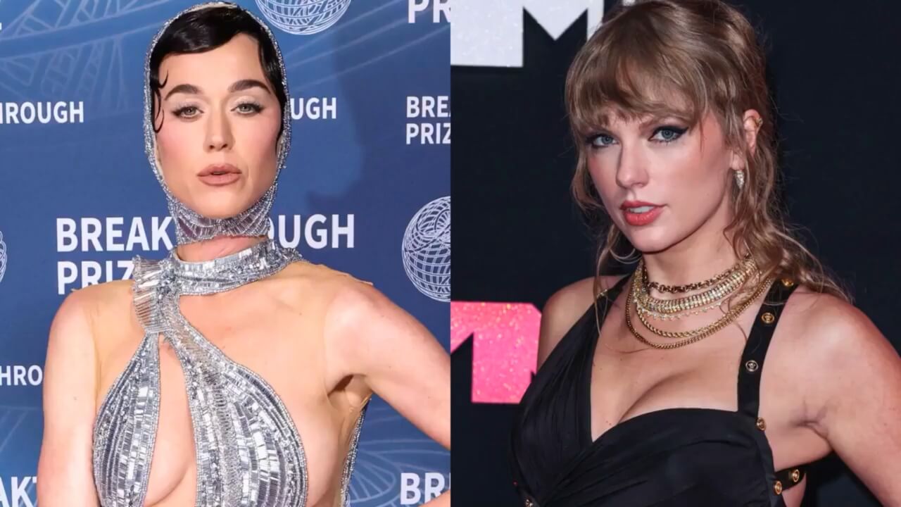 Katy Perry and Taylor Swift in glamorous outfits stand side by side at high-profile events, showcasing unique styles and elegant accessories.