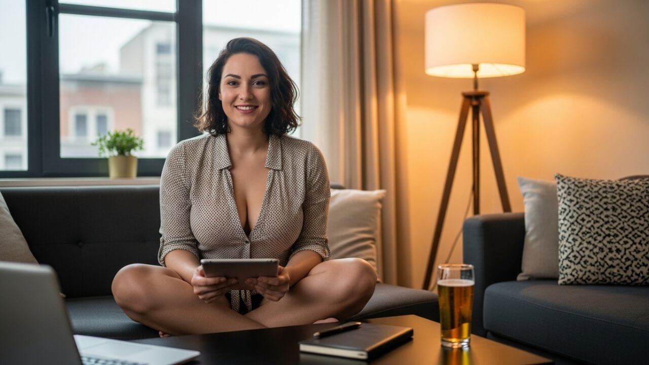 A creator sitting cross-legged on a sofa, holding a tablet, with a laptop, her search best onlyfans bundle deals USA and a glass of beer on the table in a cozy room.