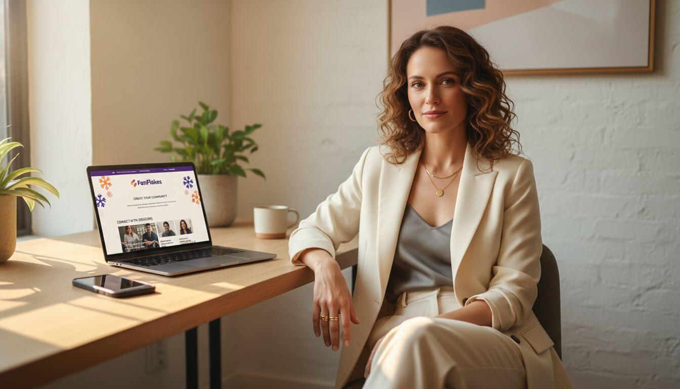 A professional woman in a cream blazer sits at a wooden desk with a laptop displaying "FanFlakes" andher search OnlyFans free trial codes USA.