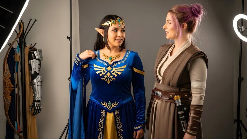 Two women in costume: one as a blue-clad fantasy best cosplay OnlyFans character with gem accents and the other in a brown Jedi-like outfit, posed in a studio setting.