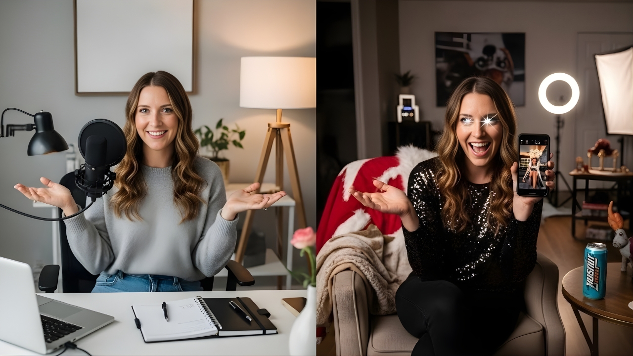 A split image showing a woman in casual attire at a desk and another in a sparkly top on her phone, highlighting PPV vs Subscription OnlyFans.
