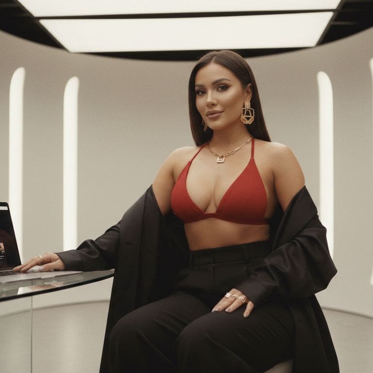 Best OnlyFans Fitness Creators in the USA wearing a red bikini top and black blazer sits at a glass table with a laptop displaying the FanFlakes website in a modern setting.