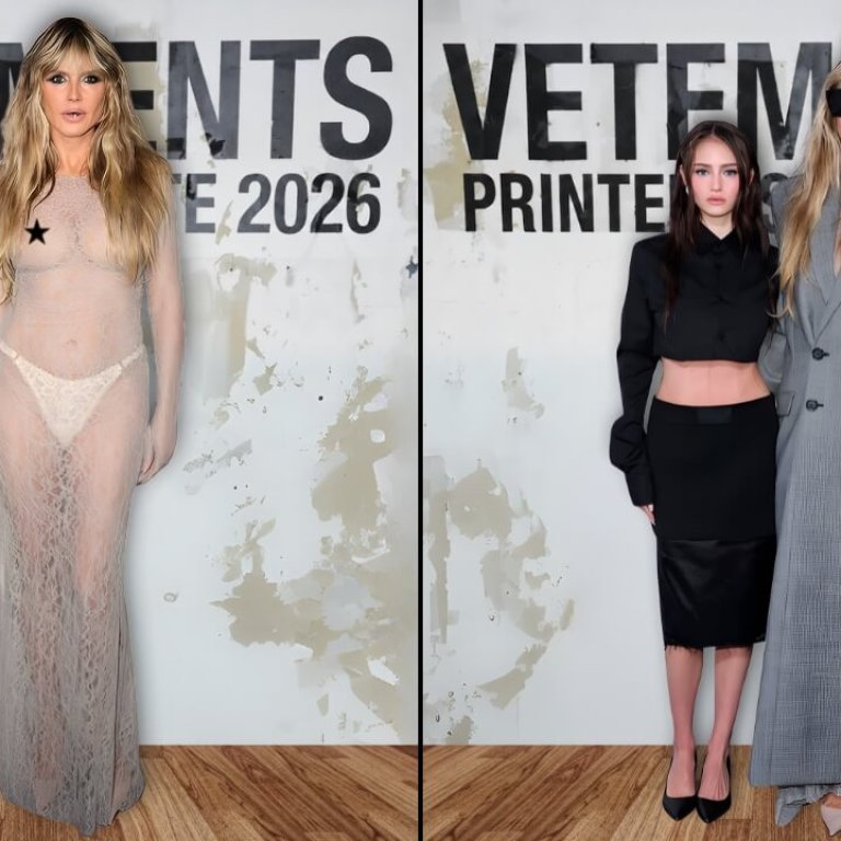 Braless Heidi Klum stuns in a sheer dress beside a model in gray at Vetements Printemps 2026.