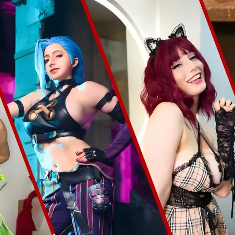 Four individuals in vibrant cosplay costumes, featuring characters with striking colors and intricate designs, posed against dynamic backgrounds Free OnlyFans Accounts.