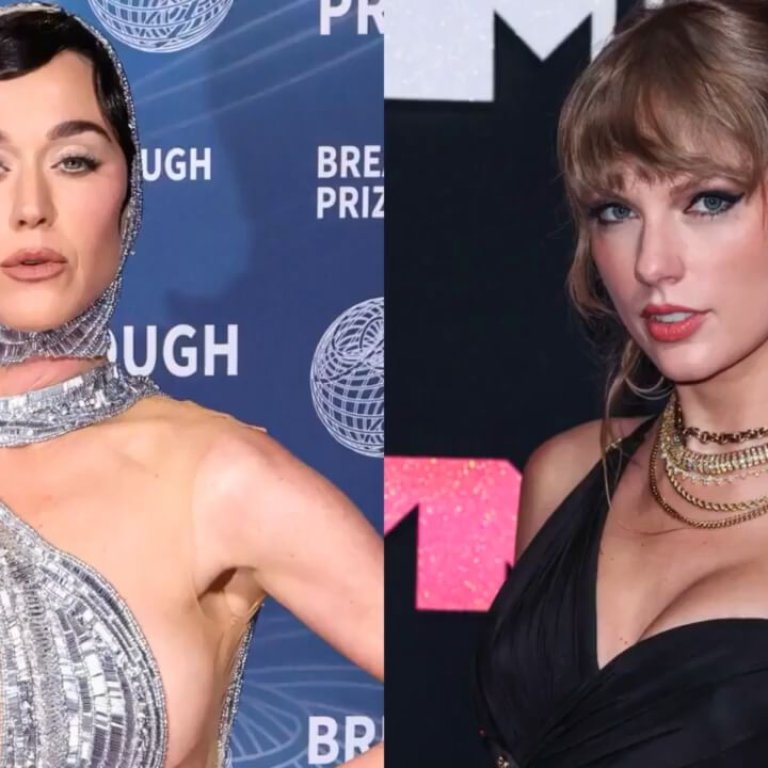 Katy Perry and Taylor Swift in glamorous outfits stand side by side at high-profile events, showcasing unique styles and elegant accessories.