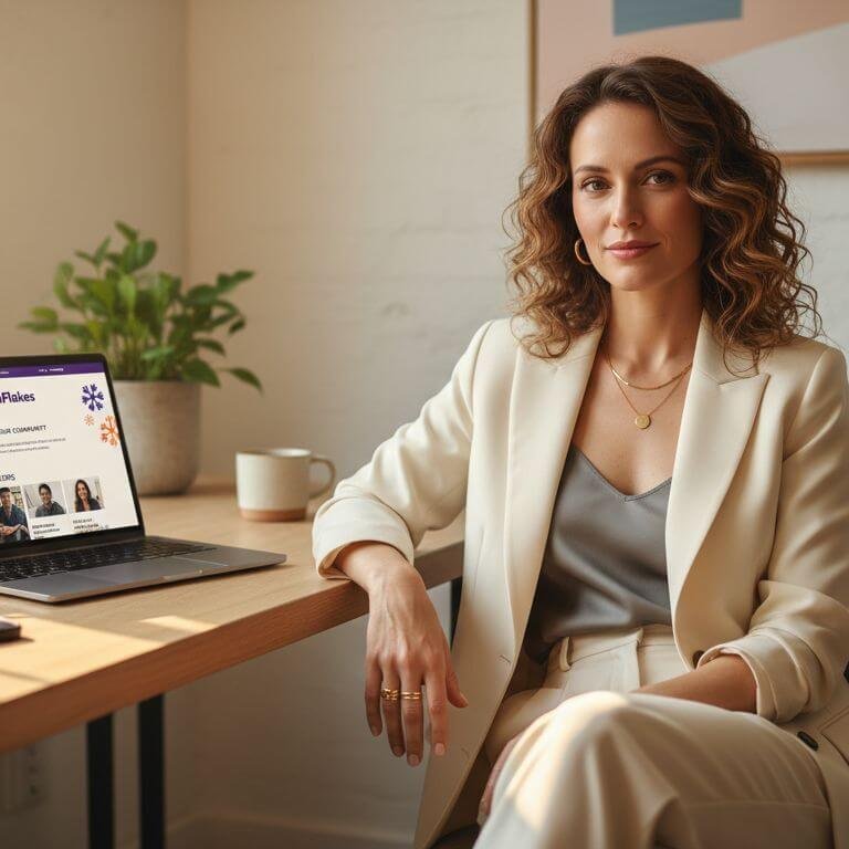 A professional woman in a cream blazer sits at a wooden desk with a laptop displaying "FanFlakes" andher search OnlyFans free trial codes USA.