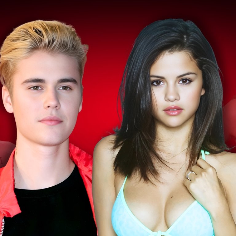 Selena Gomez and Justin Bieber Two stylish figures stand against a vibrant red background, showcasing trendy outfits and confident postures.