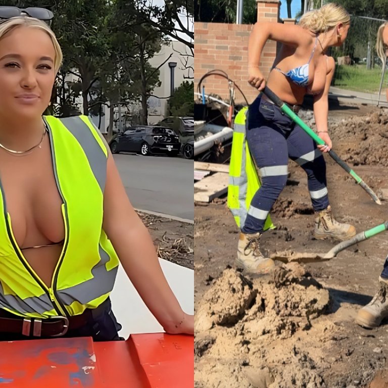 A female landscaper topless in Sydney, Shianne Fox poses in a reflective vest near a construction site as another woman digs with a shovel.