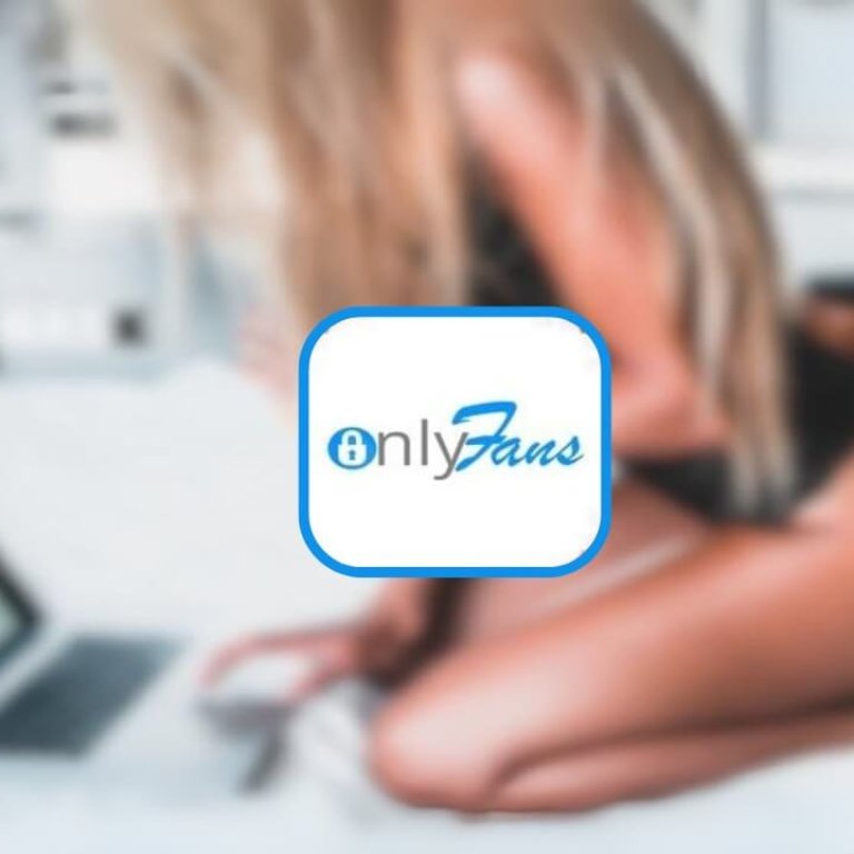 A blurred image of a woman in a black outfit sitting on a bed, using a laptop with the what is OnlyFans logo superimposed in the foreground.